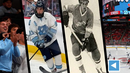 Four-photo collage, from left to right: Puck drop at a college hockey game; a UNC-Chapel Hill hockey player from the 1970s; a modern day UNC-Chapel Hill hockey player; and UNC-Chapel Hill fans cheering at a hockey game.